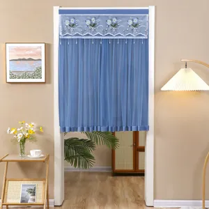 Blue short door curtain with floral embroidery gauze valance for home kitchen room privacy decor