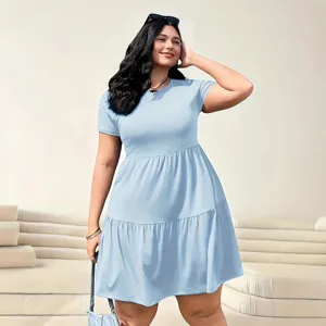 Women solid color short sleeve tiered dress casual summer cute sweet mini skater dress main