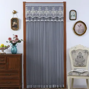Grey lace mesh door curtain for home bedroom, elegant embroidered valance, easy installation.