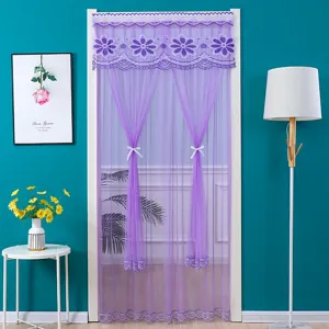 Purple lace door curtain with floral embroidery and tiebacks for elegant home decor detail.