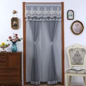Elegant grey door curtain with white lace valance, double tiebacks, breathable mesh fabric.