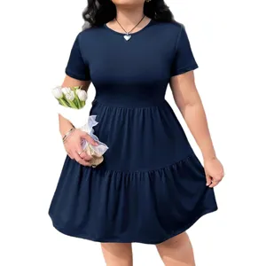 Casual solid color short sleeve tiered mini dress for women stylish daily wear front view.