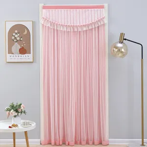 Pink lace door curtain interior scene display showing breathable gauze texture and delicate design.