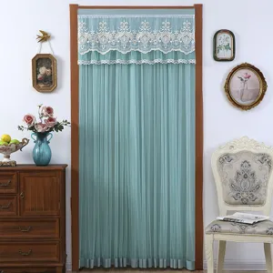 Teal lace door curtain valance for bedroom room divider, elegant mesh fabric home decor.
