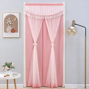 Pink punch-free bedroom door curtain with lace gauze valance, shading curtain partition half curtain