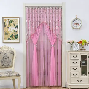 Pink lace door curtain detail, sheer partition curtain for bedroom, elegant home decor.