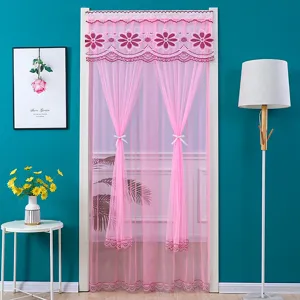 Pink lace door curtain detail view, floral embroidery and bow tie design for home room decor.