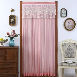 Pink lace door curtain detail, elegant embroidered valance and sheer fabric design for room decor.