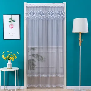 Detailed view of the elegant lace door curtain showcasing delicate floral embroidery mesh design.