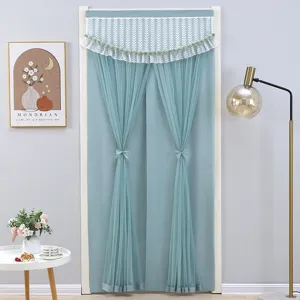 Elegant blackout door curtain with lace sheer valance, fresh teal home partition curtain.
