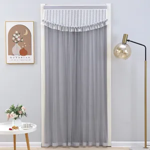 Grey lace sheer door curtain with cute pompom tassels, elegant home partition for bedroom.