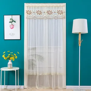Elegant lace door curtain with floral embroidery, perfect for home partition and room decor.