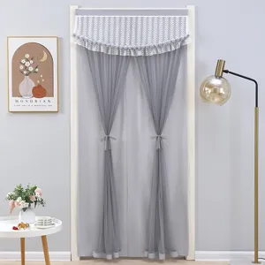 Grey room partition door curtain scene showing delicate lace valance and hanging effect.