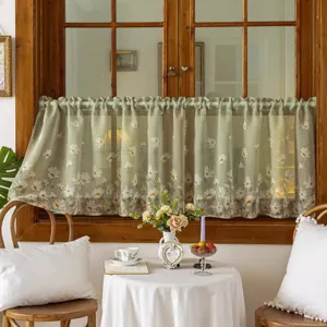 Pastoral style green sheer short curtain with daisy floral print for home window decor.