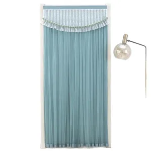 Blue sheer door curtain with lace valance and pom-pom trim for bedroom decor style