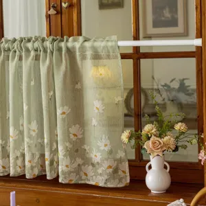 Pastoral style short curtain sage green daisy sheer valance for kitchen window privacy half curtain