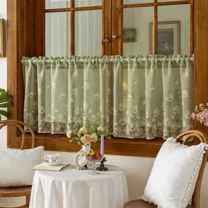 Pastoral Style Printed Semi-Transparent Short Window Curtain Daisy Tulip Floral Panel