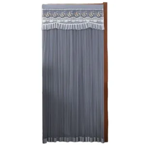 Grey fabric door curtain with lace embroidery, elegant mesh partition for bedroom home decor.