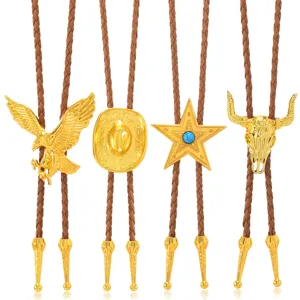 Vintage Western Cowboy Bolo Tie Alloy Metal Pendant Adjustable Braided PU Leather Rope Necklace Casual Unisex Jewelry Accessories