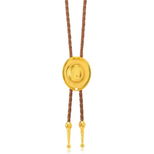 Retro Western cowboy bolo tie with golden hat pendant and brown braided PU cord