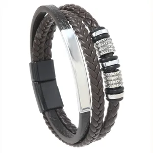 Herren Mehrlagiges Geflochtenes Lederarmband mit Metallplatte und Magnetverschluss