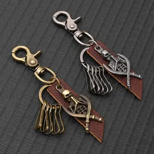 Vintage skull leather keychain with metal lobster hooks in antique bronze and silver finish