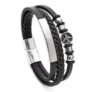 Mehrlagiges schwarzes Lederarmband für Herren mit Silberplatte und Magnetverschluss.