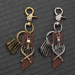 Detailed view of vintage alloy skeleton keychains with leather accents and metal clasps.