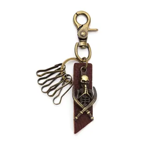 Vintage Punk Cowhide Leather Alloy Skull Keychain Lobster Clasp Metal Multi Ring Key Organizer Waist Belt Pants Accessory Chain For Men
