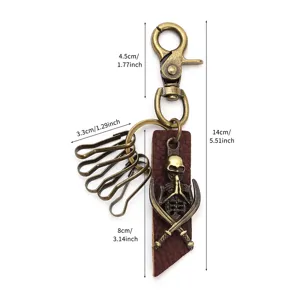 Retro alloy skull keychain with leather pendant and hook buckle measurements