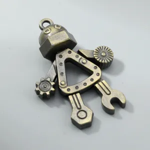 Detailed view of a vintage bronze alloy robot pendant with movable gear limbs for DIY.