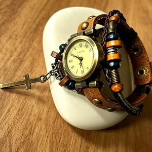 Retro punk leather bracelet watch with wooden beads and cross pendant detail