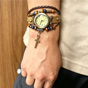Retro Punk Cowhide Leather Bracelet Watch Roman Numeral Dial Quartz Wristwatch With Cross Pendant Metal Rivets Braided Strap Accessory For Men Women
