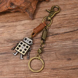 Detailed close-up of a vintage metal robot keychain featuring leather and bronze charms