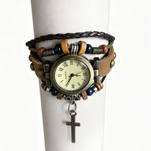 Retro punk style leather wrap bracelet watch featuring cross pendant and Roman dial