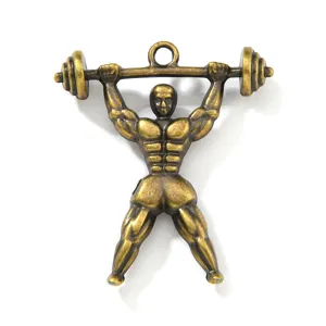 Retro bronze alloy pendant featuring a muscular man lifting a barbell for DIY jewelry crafts