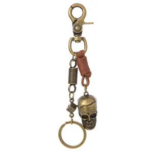 Porte-clés Crâne en Cuir de Vachette Vintage Punk Dé en Métal Vieilli Anneau de Voiture Pendentif de Sac Unisexe
