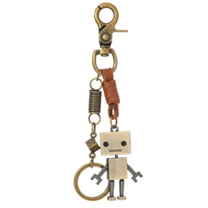 Retro Industrial Cowhide Leather Robot Keychain Hip Hop Punk Mechanical Pants Chain Pendant Antique Bronze Metal Key Ring For Men Everyday Waist Accessory