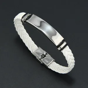 Detail view of white braided leather bracelet with polished stainless steel ID tag