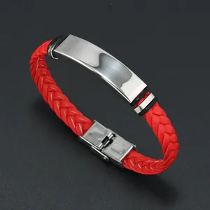 Men's red braided leather bracelet featuring a polished stainless steel engravable blank plate