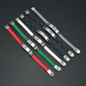 Set of braided leather bracelets with blank stainless steel plates for engraving.