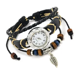 Bohemian Vintage Cowhide Bracelet Watch For Women Ethnic Multilayer Woven Leather Strap With Feather Pendant Wooden Beads Quartz Watch