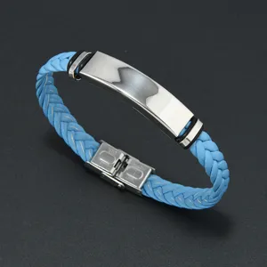 Minimalist blue braided leather bracelet with polished stainless steel plate for engraving