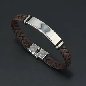 Durable men's braided leather bracelet featuring a polished stainless steel plate