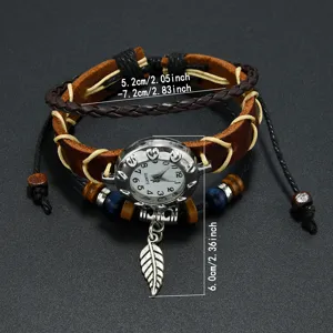 Bohemian vintage leather bracelet watch with woven straps and a hanging feather pendant