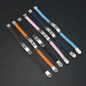 Six colorful braided leather bracelets with polished stainless steel ID plates.