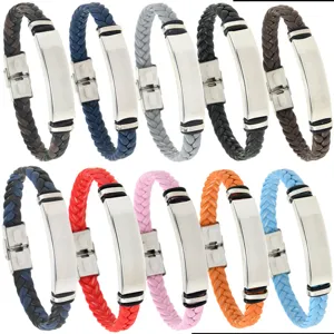 Minimalist Men Unisex Braided PU Leather Bracelet Stainless Steel Id Bar Plate Geometric Hand Bangle Wrap Wristband Cuff Jewelry Gift