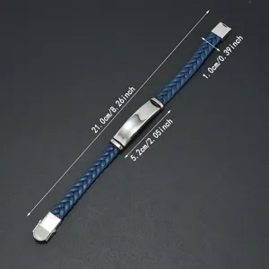 Minimalist blue braided leather bracelet with stainless steel plate showing measurements