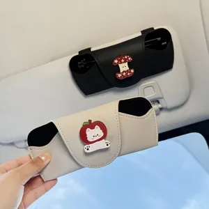 Funda de gafas de sol para parasol de coche de cuero con gato lindo y manzana decor