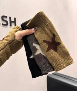 Korean style autumn winter knitted fingerless warm star gloves for women cozy daily wear accessories.